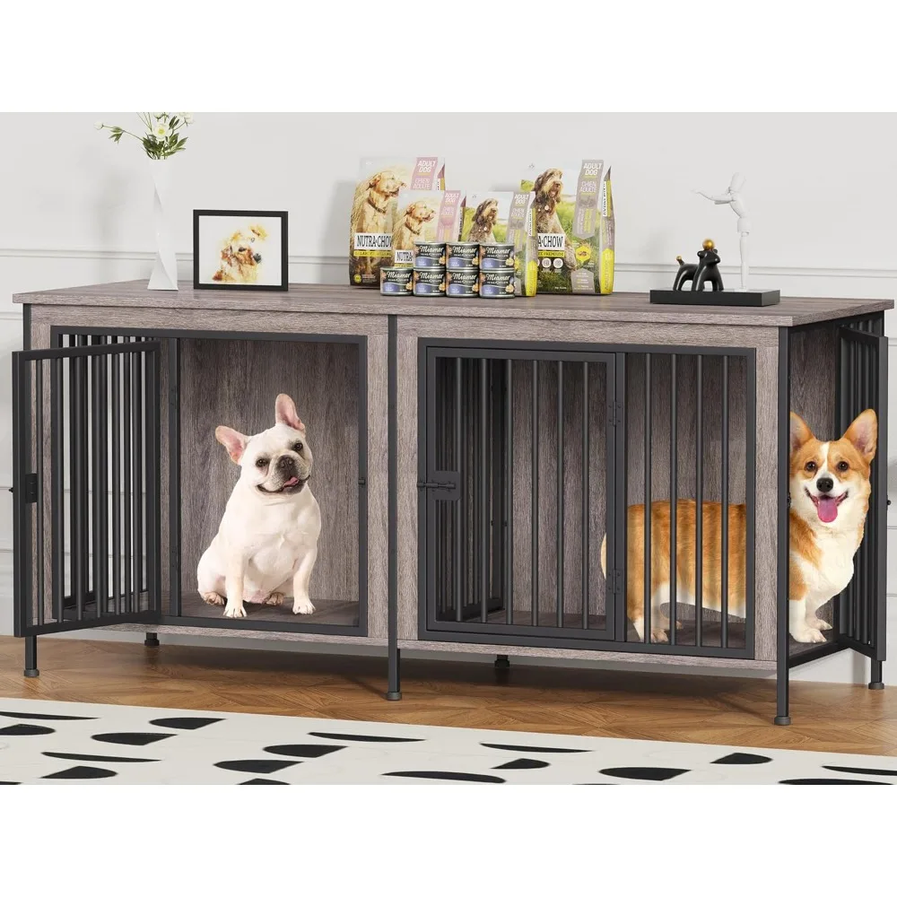 

63" Dog Cage Furniture for 2 Pets with Divider, XL Wooden Double Dog Crate Furniture TV Stand for Mideum Breed, Durable and Stu