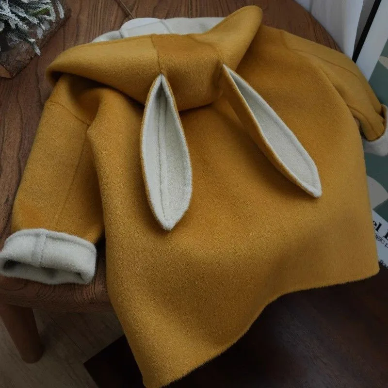 Baby Hooded Rabbit Wool Coat Keep Warm Windbreaker Coat Long Sleeve Woolen Outerwear