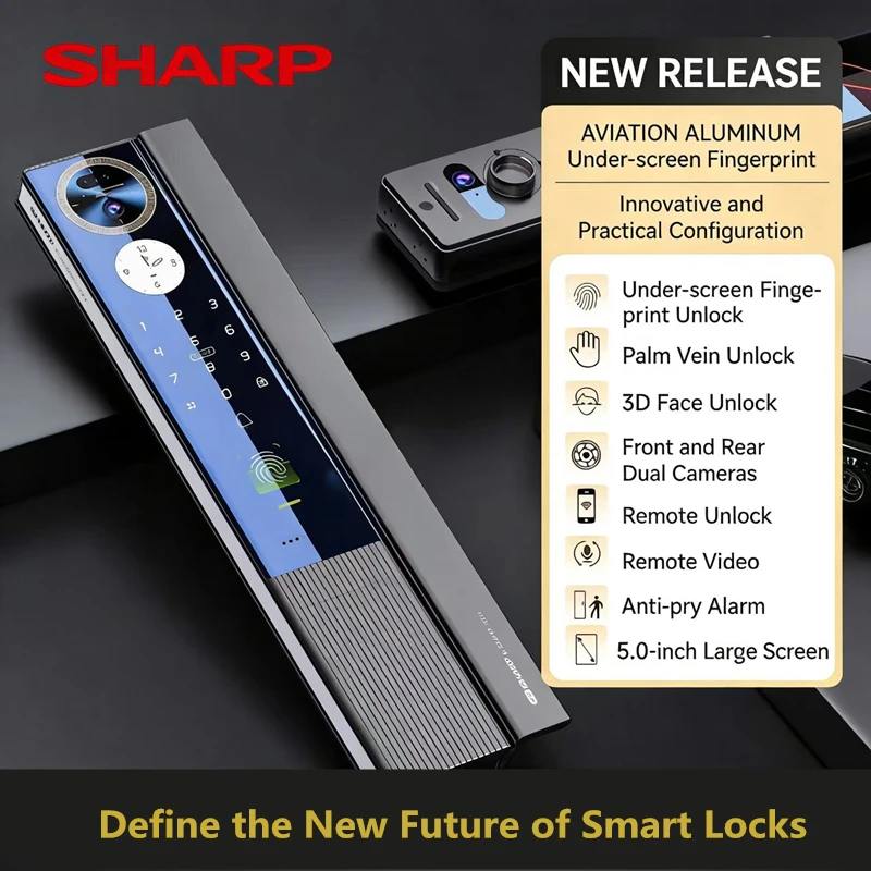 

Умный дверной замок SHARP H5-FV, полностью автоматический, с 3D-распознаванием лиц, паролем, картой, отпечатком пальца, видеонаблюдением, распознаванием вен ладони, защитой от краж