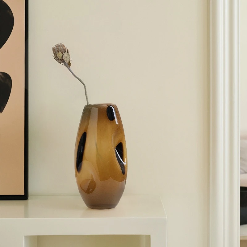 

Medieval black polka dot brown oval glass vase, modern home decoration with tortoiseshell patterned artistic glass vase ornament