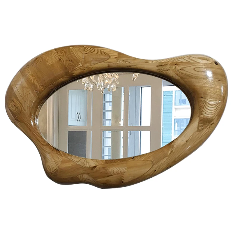 

Индивидуальное роскошное зеркало для ванной комнаты специальной формы из цельного дерева, умное декоративное зеркало для входа в ванную комнату