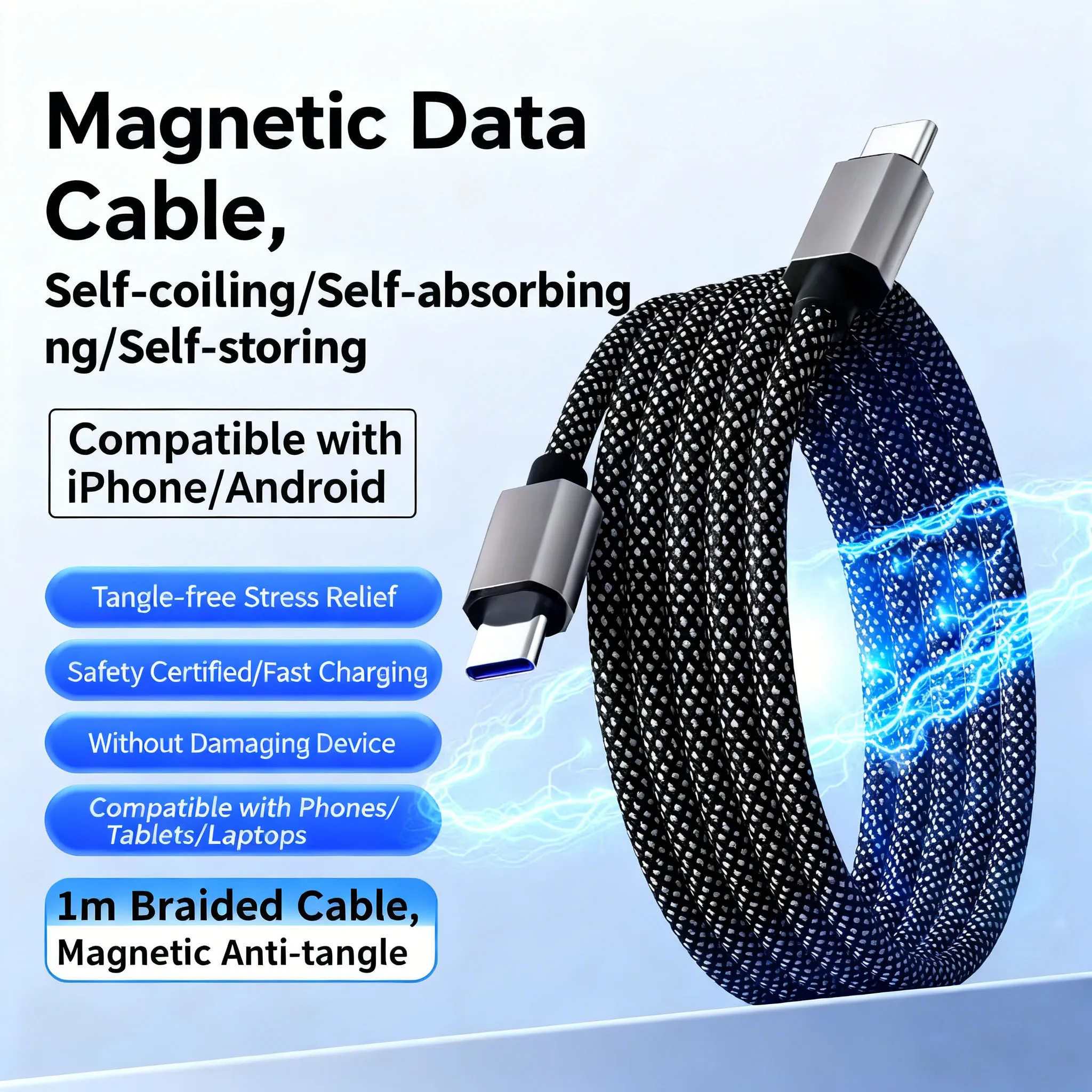 magnetic absorption nano data cable, 65W USB Type-C to Type-C charging cable, suitable for iphone17/plus Xiaomi Samsung Type-C