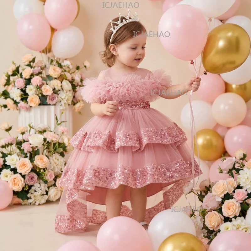 2026 Children Girls Tulle Princess Dress Costume Elegant Kids SweepGirl Pageant Party Outfit Train Gown Fashion Sequin Flower