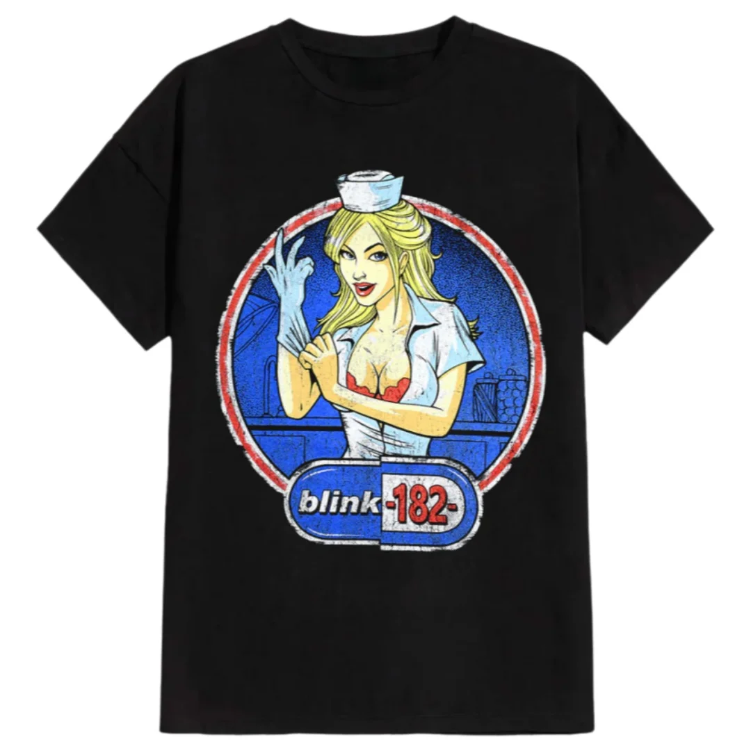 Camiseta estampada da banda Blink 182 Enema Nurse em estilo street hip-hop, adequada para homens e mulheres