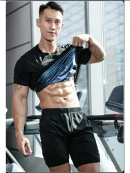 Men Sauna Shirt Short Sleeve Sweat Suit Slimming Vest Workout Tank Top Waist Trainer Shaper Gym Exercise Jacket