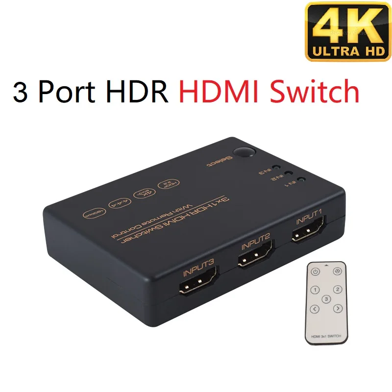 

4K 60Hz HDMI-compatible Switcher 3 In 1 HDMI 2.0 Switch Selector 3 Port HDCP2.2 HDR UHD Remote Auto Switch for PS4 PS5 Xbox TV