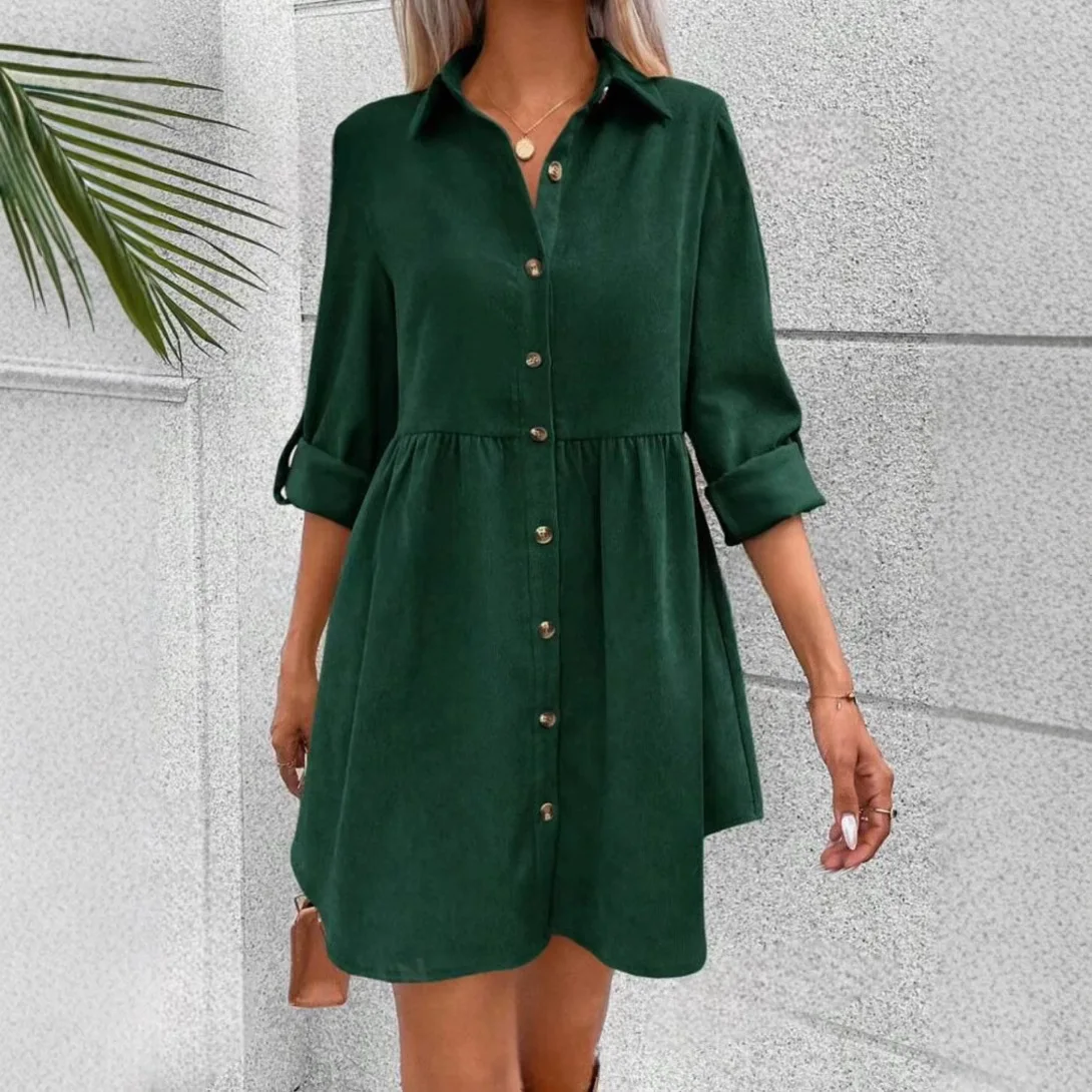 New Corduroy Long Sleeved Lapel Single Breasted Shirt Dress