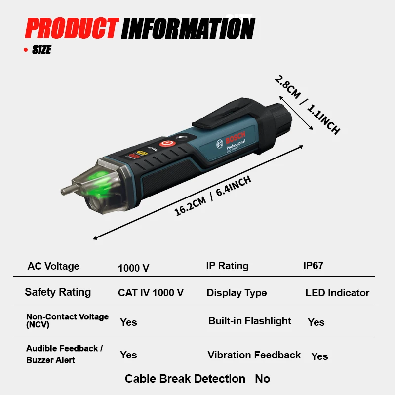 BOSCH GVD 1000-17 Professional Non-contact Voltage Tester Self-test IP67 Rating Dual Voltage Dual Range 24-1000V AC