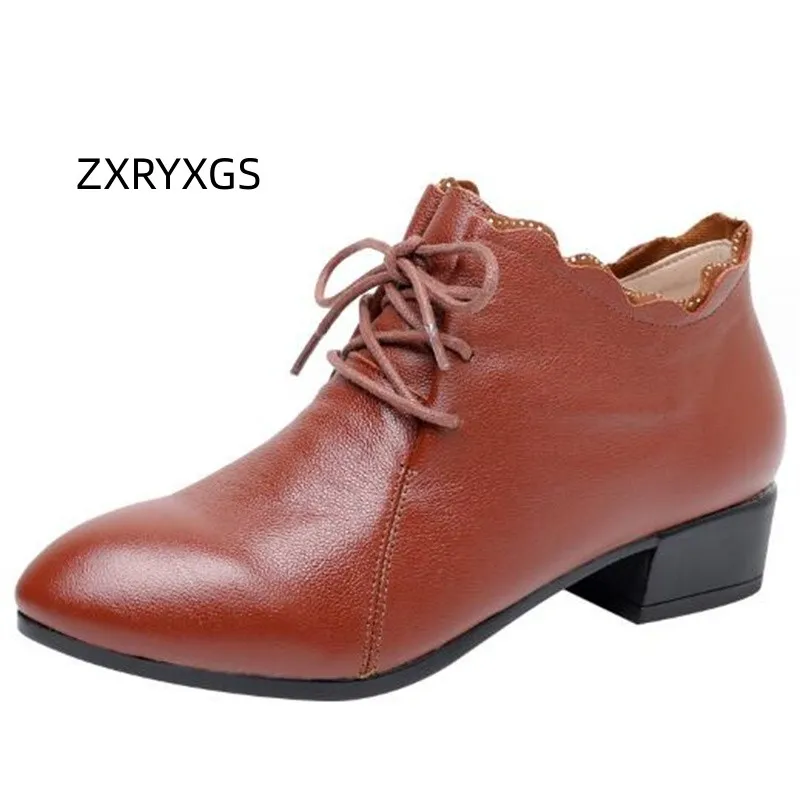 

ZXRYXGS British Style Pointed Toe Superior Cowhide Women's Leather Boots 2023 Large Size Autumn Winter Boots Comfort Mid Heels
