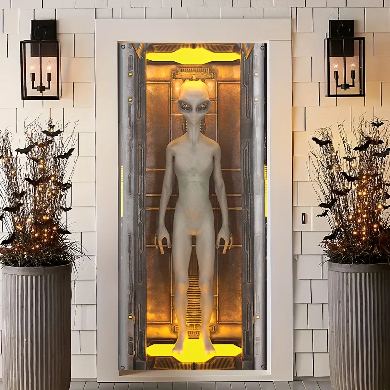 2D flaches 1-Alien-Türbanner aus Polyester – UFO-Türbogen, geeignet für Halloween- und Science-Fiction-Partys