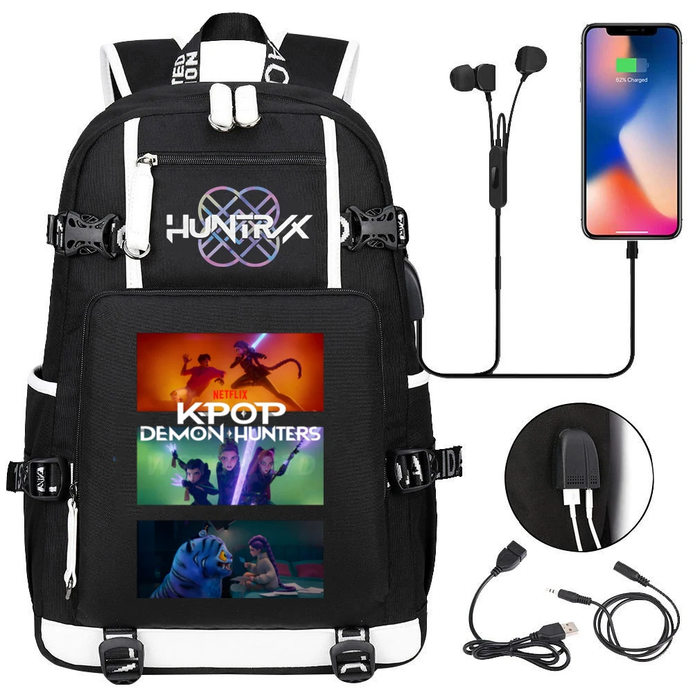 

KPop Demon Hunters Backpack Large Capacity High School Backpack Men Usb Port Travel Bagpack 2025 Movie Students School Bags Gift