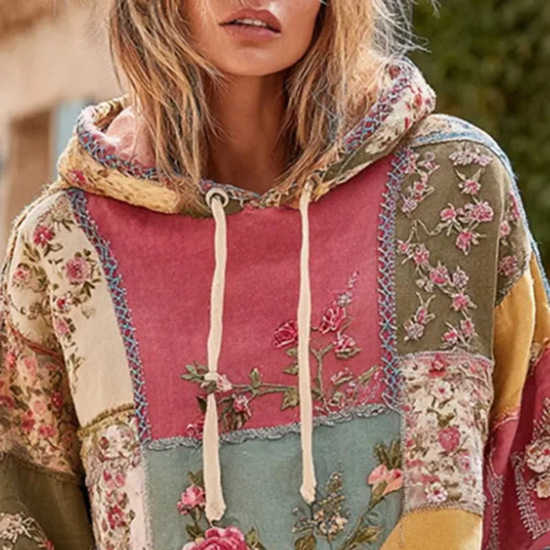 

Ethnic Retro Floral Print Patchwork Hoodies Autumn Long Sleeve Drawstring Hooded Top Pullover New Winter Loose Woman Sweatshirts
