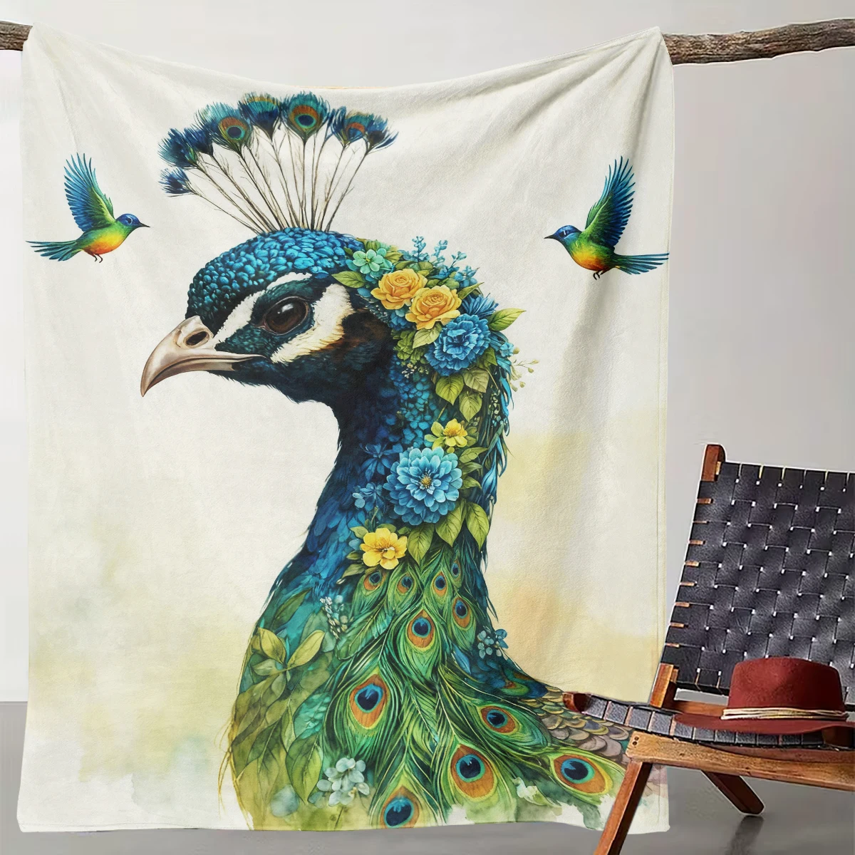 

1 Watercolor Floral Peacock Blanket Art Peacock Flower Flannel Throw Blanket