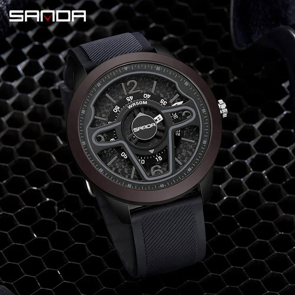 

SANDA 2024 Top brand Casual Men's Watch Luxury Classic Men's Quartz Watches Silicone Fashion Sports 3D Car Steering Wristwatches