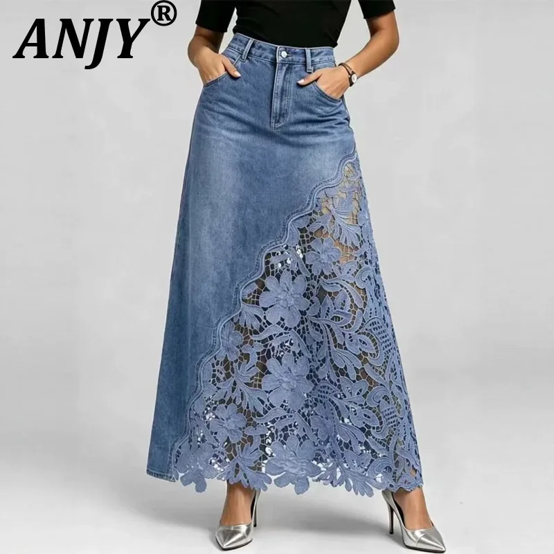 ANJY Spring Summer Autumn Women Elegant Washed Denim Lace Patchwork Long Skirt Fashion Trendy Design Casual A-Line Skirts A28225