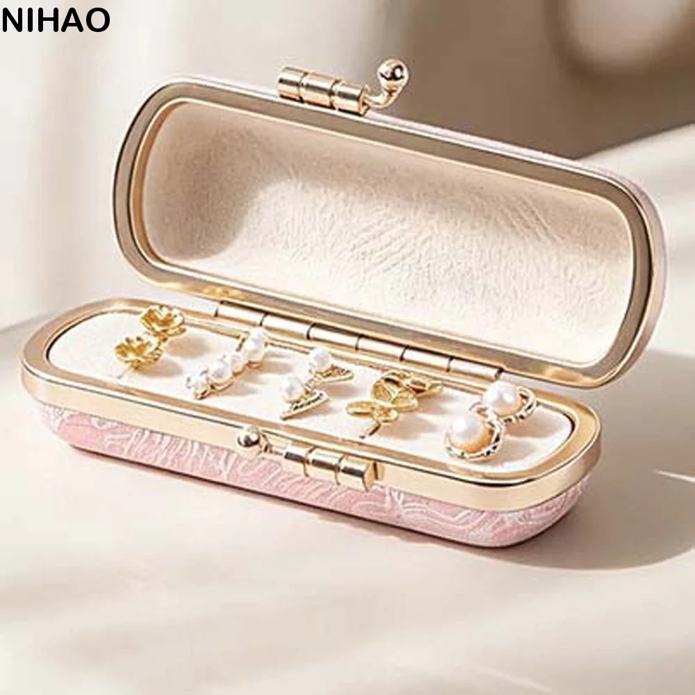 Kiss Lock Clasp Mini Ring Box Velvet Slots Lining Faux Leather Outer Earring Studs Organizer Sturdy Hardware Frame