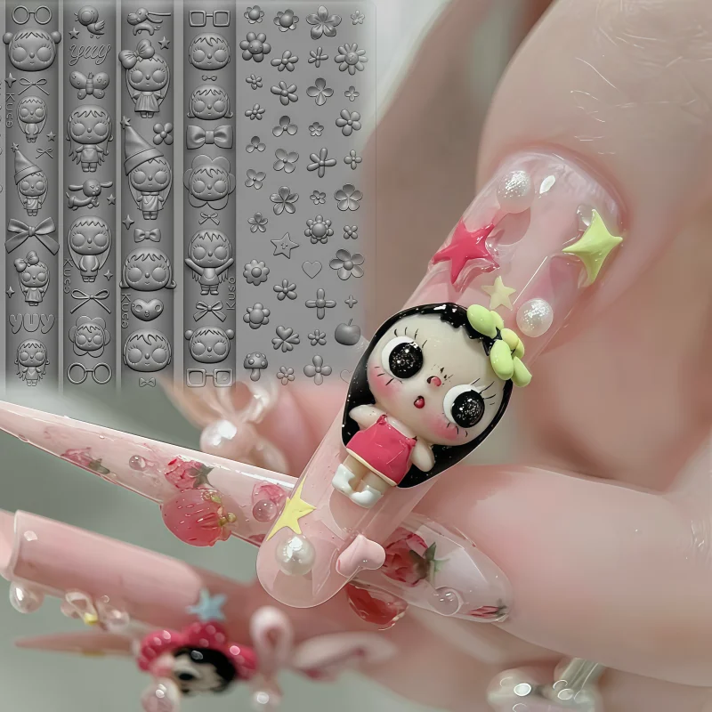 Retro 3D Silikon Nagelkunst-Form: Süße Mädchenflügel, vierblättriges Kleeblatt, Schwein, Hase, Schnitzerei, Blume, Noten, Schmetterling, Knoten-Design-Elemente – Detail 1