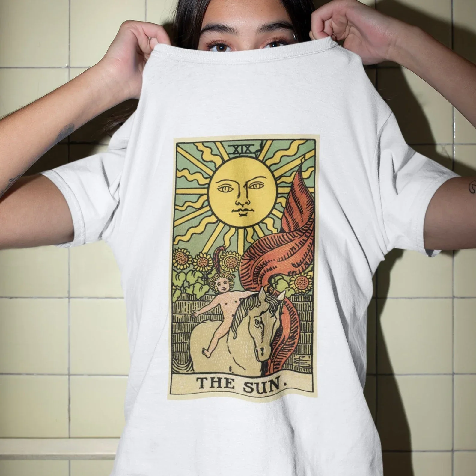 Women T-shirt Tarot Print Tops Casual Ladies Basic O-collar Short Sleeved Women T-shirt Girl,Drop Ship