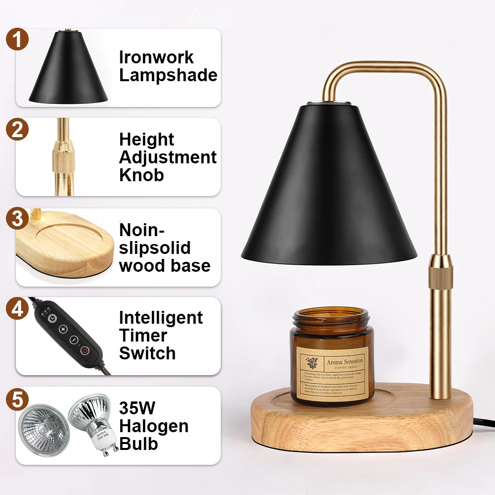 Black Candle Warmer Lamp with Timer Dimmable Adjustable Wax Melter Home Decor Ideal for Birthday House Warming Halloween Gift