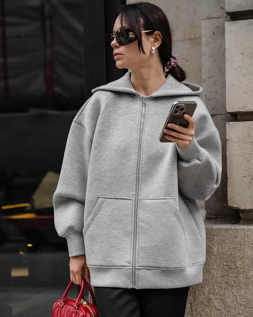 Autumn and Winter Women\'s Casual Coat Warm Hooded Long Jacket Long Sleeve Large Pocket Zipper Grey Jacket Coat