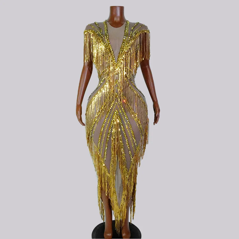 

Sexy Gold Tassels Mesh Long Dress See-through Drag Queen Stage Costume Woman Singer Evening Party Prom Outfit Festival Birthday