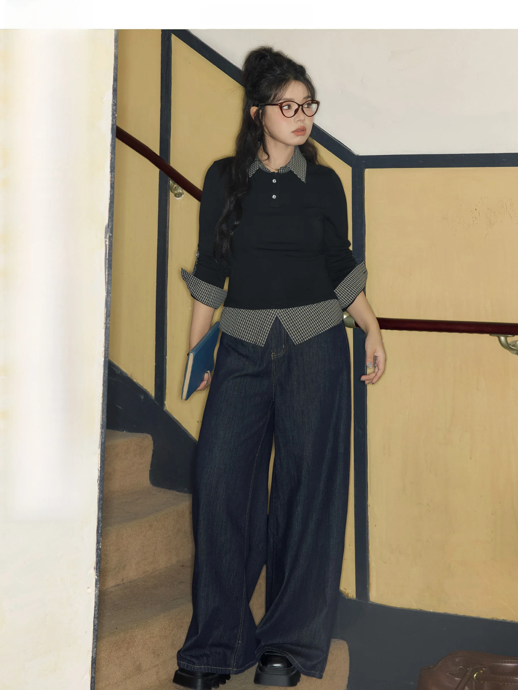 

Jiu Workop "Falling Le Street" plus Size T-irt Fake Two-Piece Long Sve Collar Patchwork Plaid Women's Faion