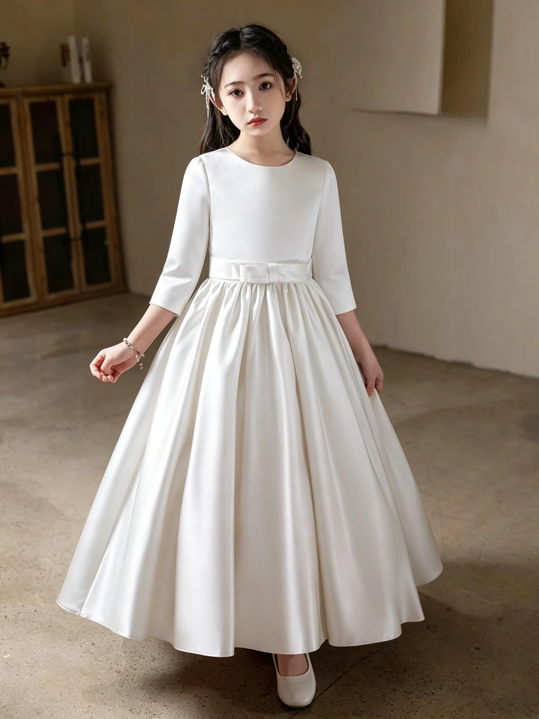 Girl White Modest Plain Satin Communion Dress Elegant Plain Crew Neck 3/4 Sleeve Flower Girl Gown for Birthday Party Performance
