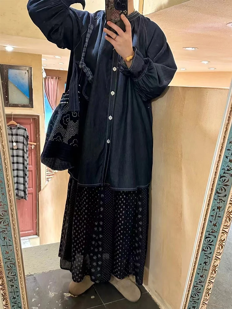 

Spring Vintage Pure Cotton Denim irt Blue Floral Waist-Cinched Skirt plus Size Women's Clothing Long Sve Mid-Length