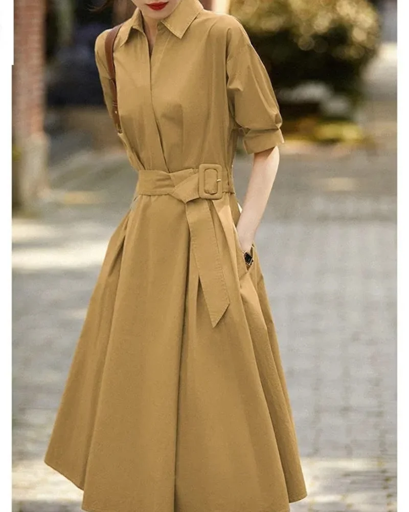 Workwear Trench Coat Lapel Tied Waist Tied Shirt Dress Women's Clothing New Style A-line Skirt for Spring/summer