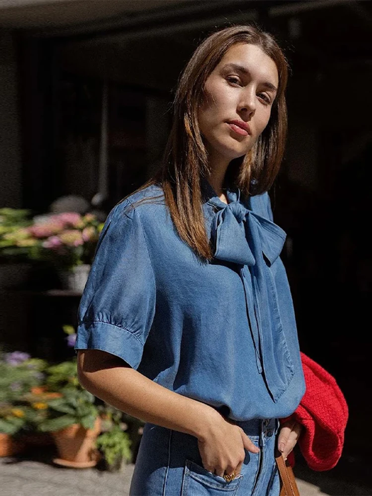 خمر القوس الدانتيل النساء قمصان دنيم فضفاض كشكش الأكمام سيدة الجينز بلايز عادية مكتب العمل أنيقة شيك موضة Strrewear قميص