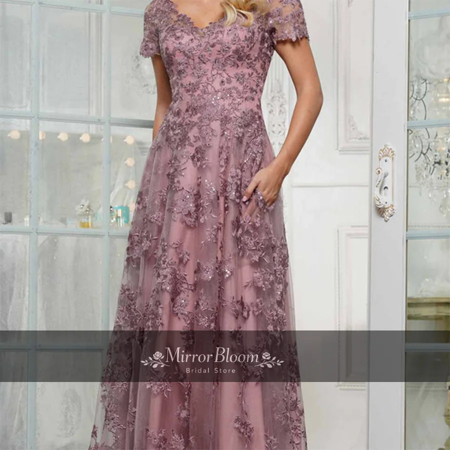 

Elegant Lace Appliques A-line Evening Dress V-neck Short Sleeve Sequin Formal Gown Prom Wedding Party Maxi Dress Customized