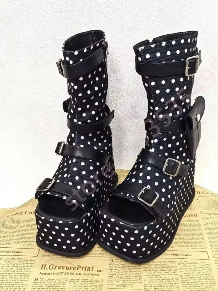 2026 New Black White Polka Dot Platform Wedge Mid Calf Boots Women Multi Buckle Open Toe Side Zipper Pocket Gothic Sandal Boots