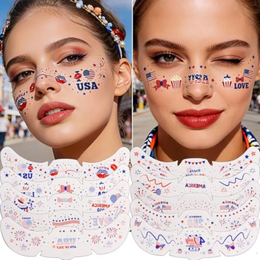 10Pcs 4th of July Face Tattoo Stickers USA Flag Star Independence Day Glitter Red White and Blue Patriotic Tattoos 4th of July