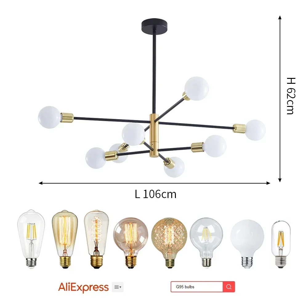 모던 북유럽 스푸트니크 블랙 샹들리에, LED 램프, 실내 조명, 펜던트 천장, 전구 미포함, 4, 6, 8 라이트