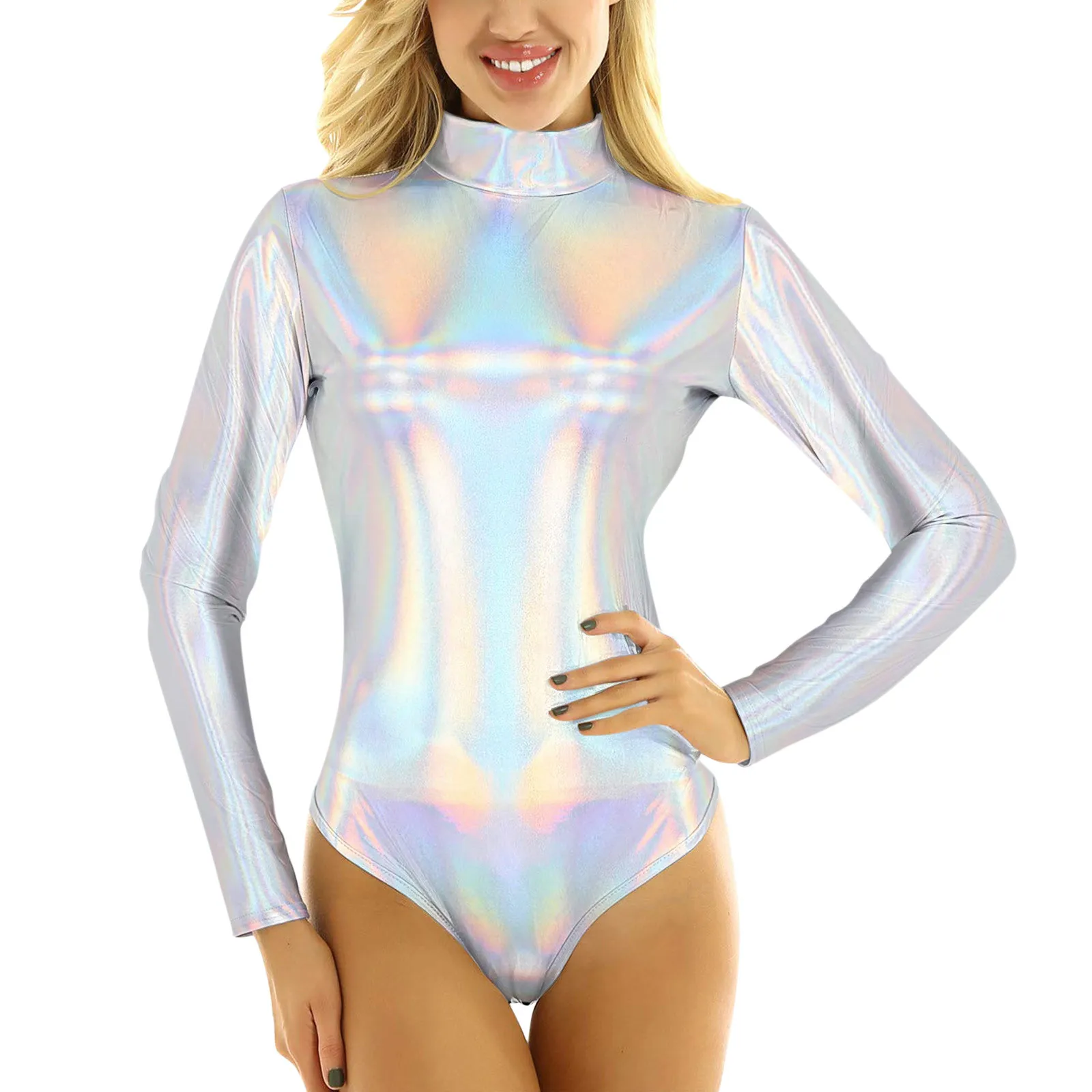 Jumpsuits For Women Women Yoga Jumpsuits Shiny Metallic Pvc Leather Mock Neck Long Sleeve Leotard Bodysuit Ropa Para Mujer