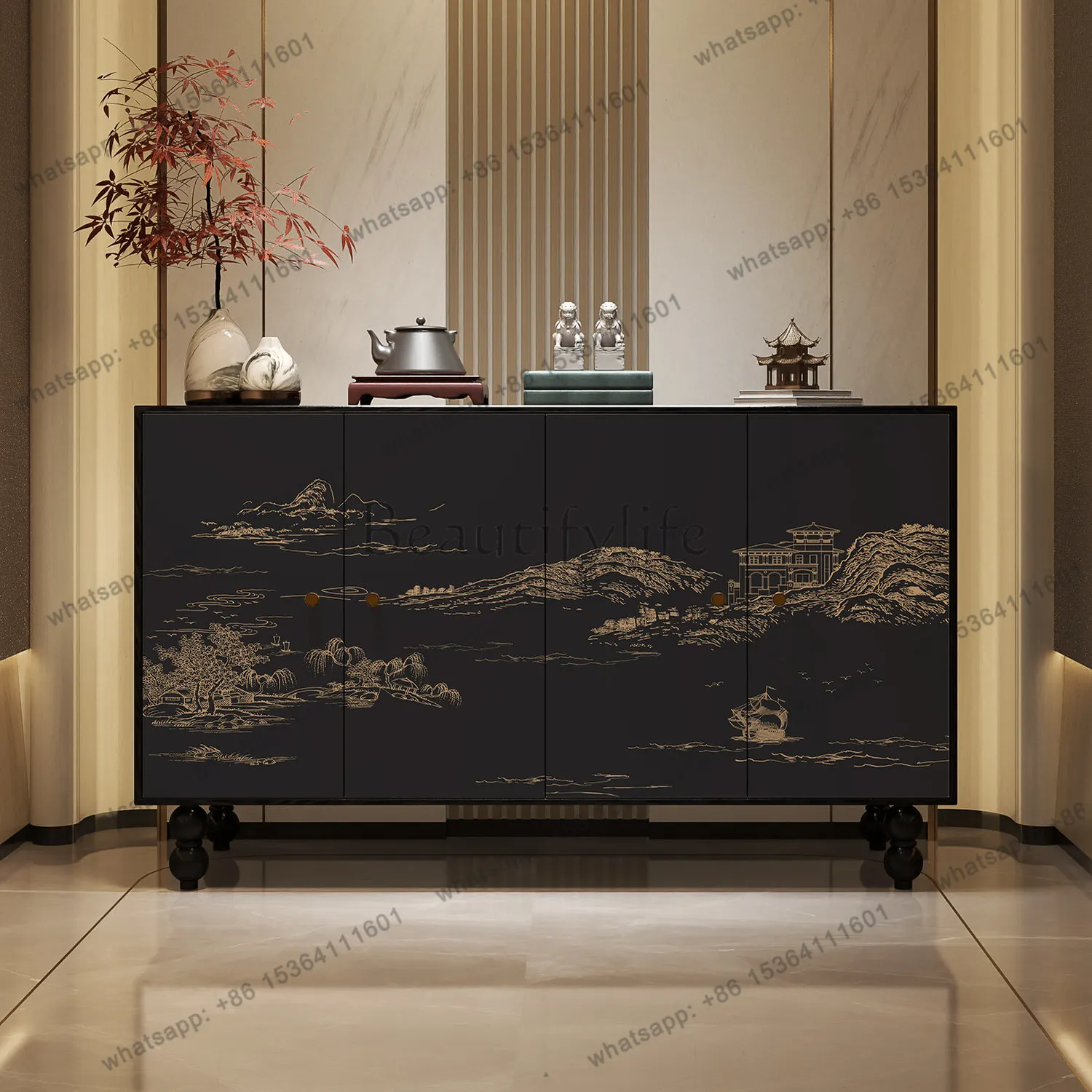 

New Chinese-style entrance partition cabinet, integrated storage and tea cabinet against the wall of the bed and breakfast