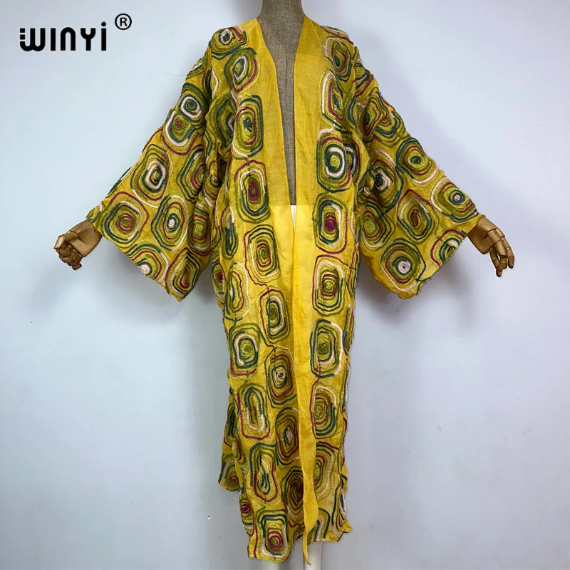 WINYI dziergany haft w stylu etnicznym kwiat długa sukienka Boho wakacje na plaży okrycie plażowe do strojów kąpielowych kobiet Africa Kimono