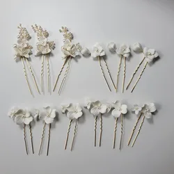 SLBRIDAL Handmade Ceramic Flower Alloy Leaf Pearls Bridal Hair Pin Set Wedding Hair Sticker Hair Accessories Women Hair Jewelry