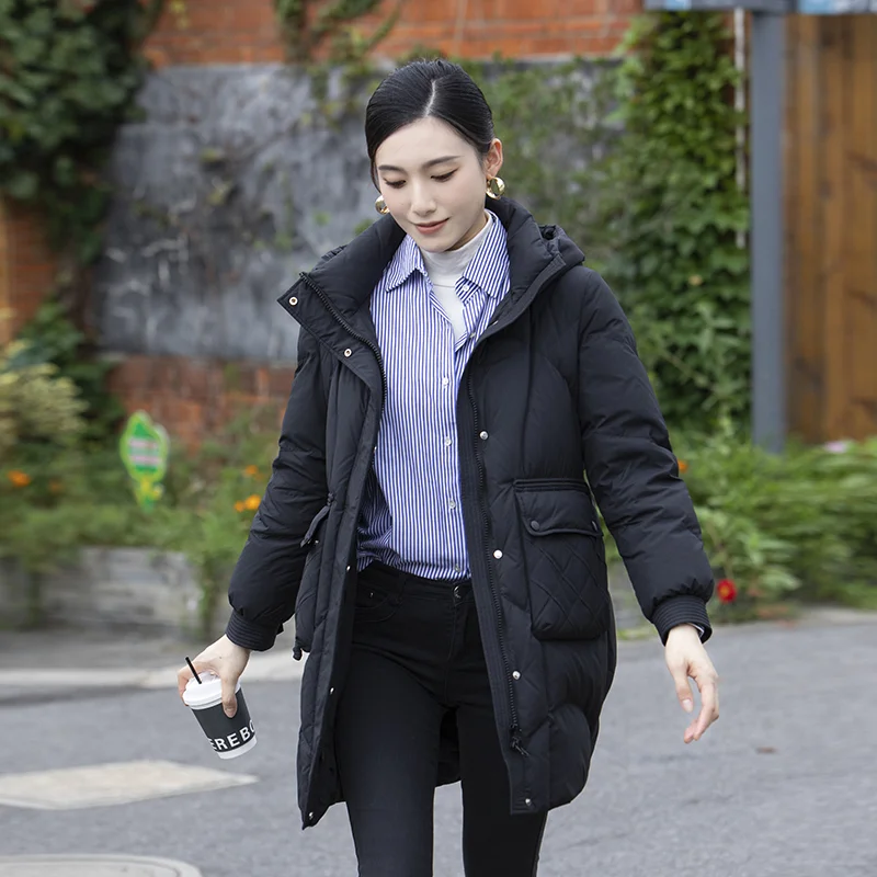 

Douxia Осенне-зимняя женская модная простая теплая куртка средней длины с капюшоном, повседневная, с наполнителем из 90% пуха, на молнии