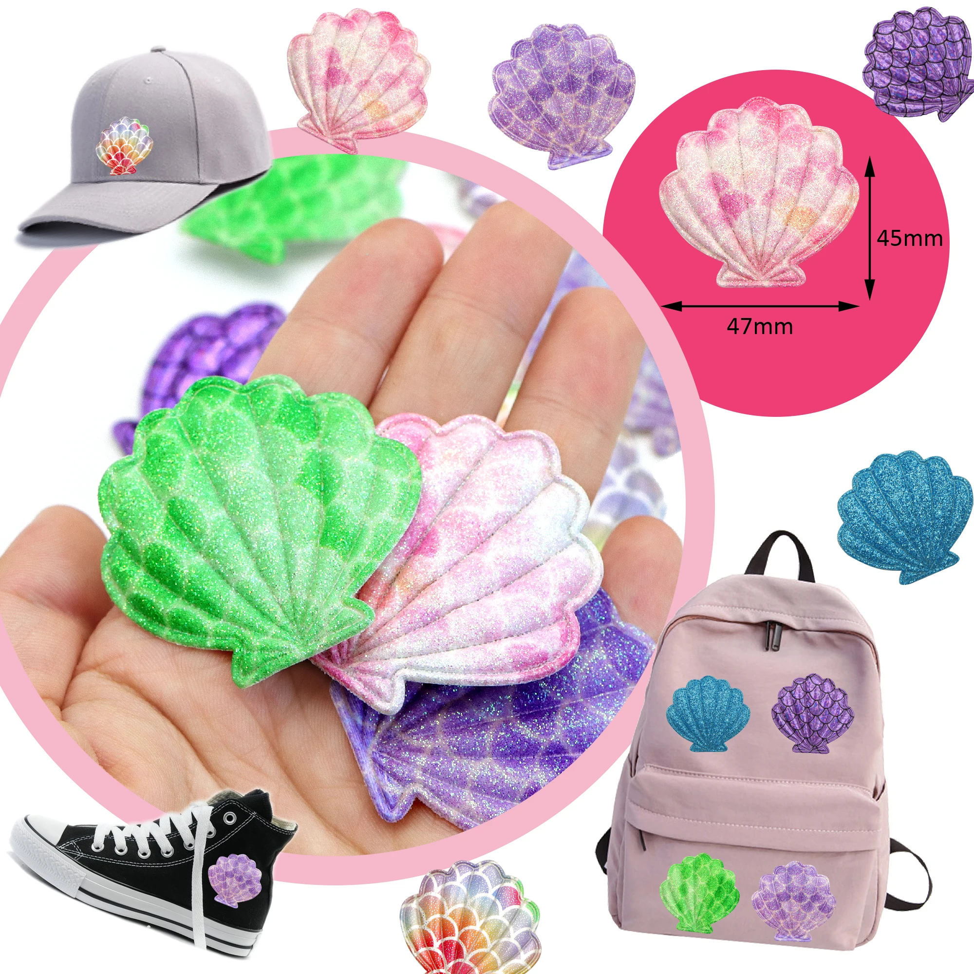 10 Pcs 48*45mm Shell Appliques Embroider Patches for Clothes Hat Sewing DIY Headwear Hair Clips Decor Accessories,10Yc38048