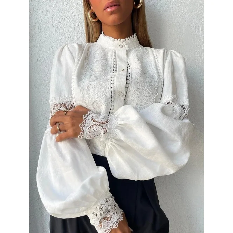 

White Lace Blouses Women Elegant Solid Casual Lace and Button Hook Flower Hollow Puff Sleeves Blouse Top Lady Office Shirts
