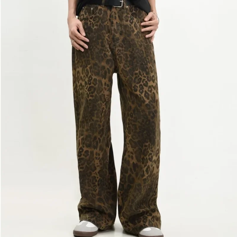 Vintage leopard print jeans, men and women, straight legs, baggy pants, American chic, casual, new