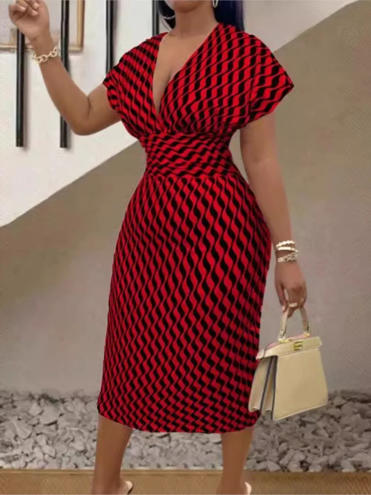 Seksowna damska sukienka z głębokim dekoltem w szpic Wiosna Lato Elegancka moda z nadrukiem Krótki rękaw Wysoka talia Slim Sukienki midi Femme