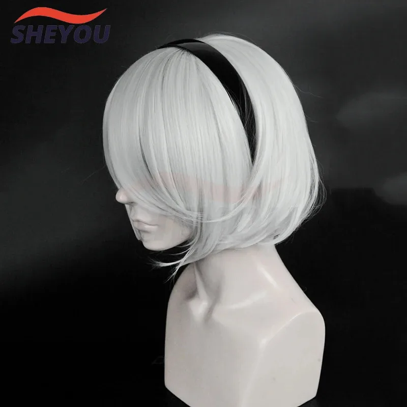 NieR:Automata 2B YoRHa No. 2 Type B Heroine Short Silver White Bobo Heat Resistant Cosplay Costume Wig (not include eye patch)