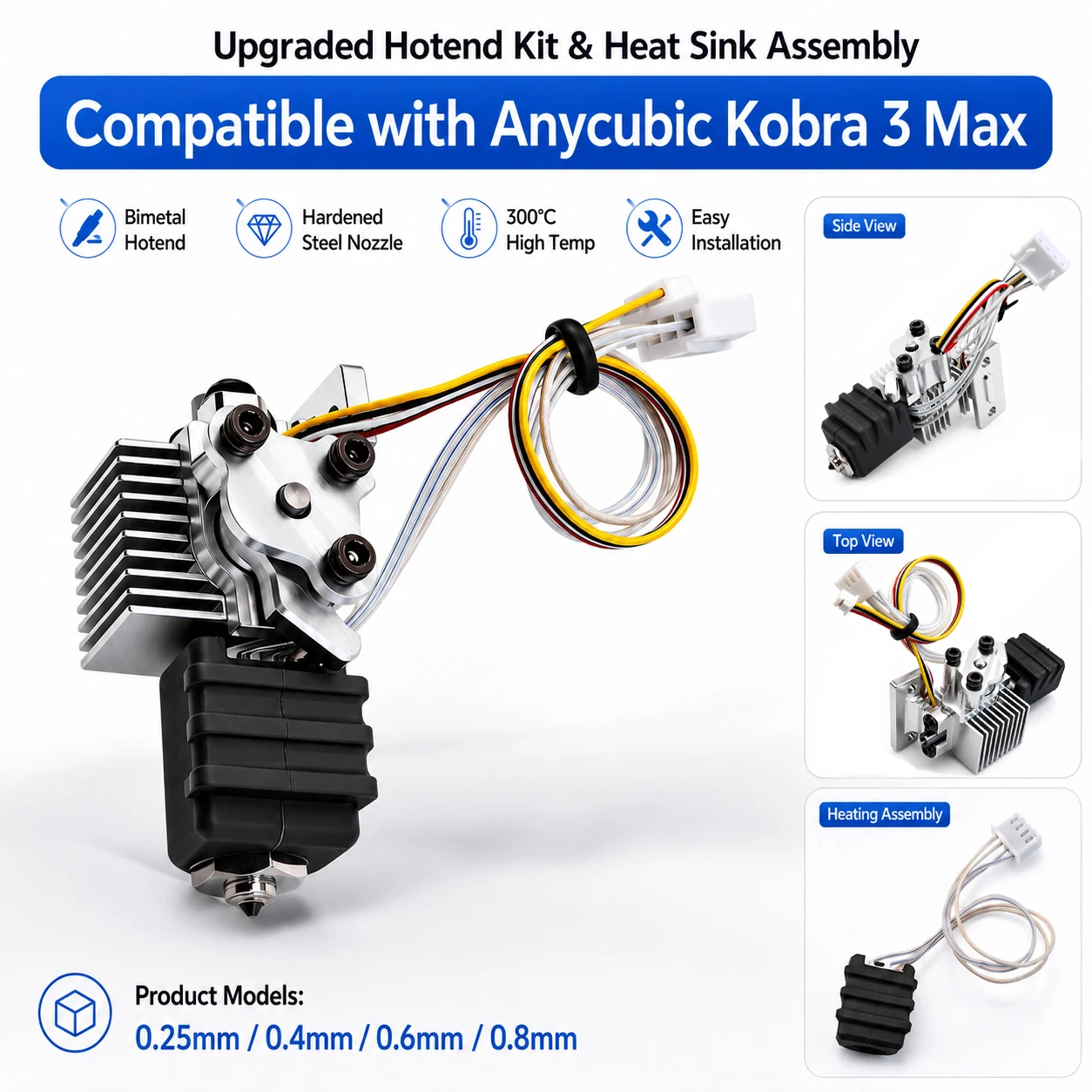 Verbessertes Bimetall-Hotend-Kit mit Kühlkörper, kompatibel mit Anycubic Kobra 3 Max, Düse aus gehärtetem Stahl 0,25-0,8 mm – Detail 2