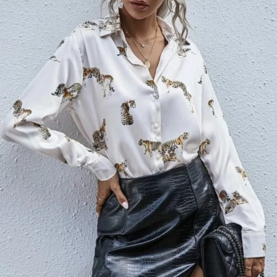 

Высококачественная женская рубашка с удлиненными рукавами и воротником, с тигровым принтом, на пуговицах, роскошная блузка с принтом