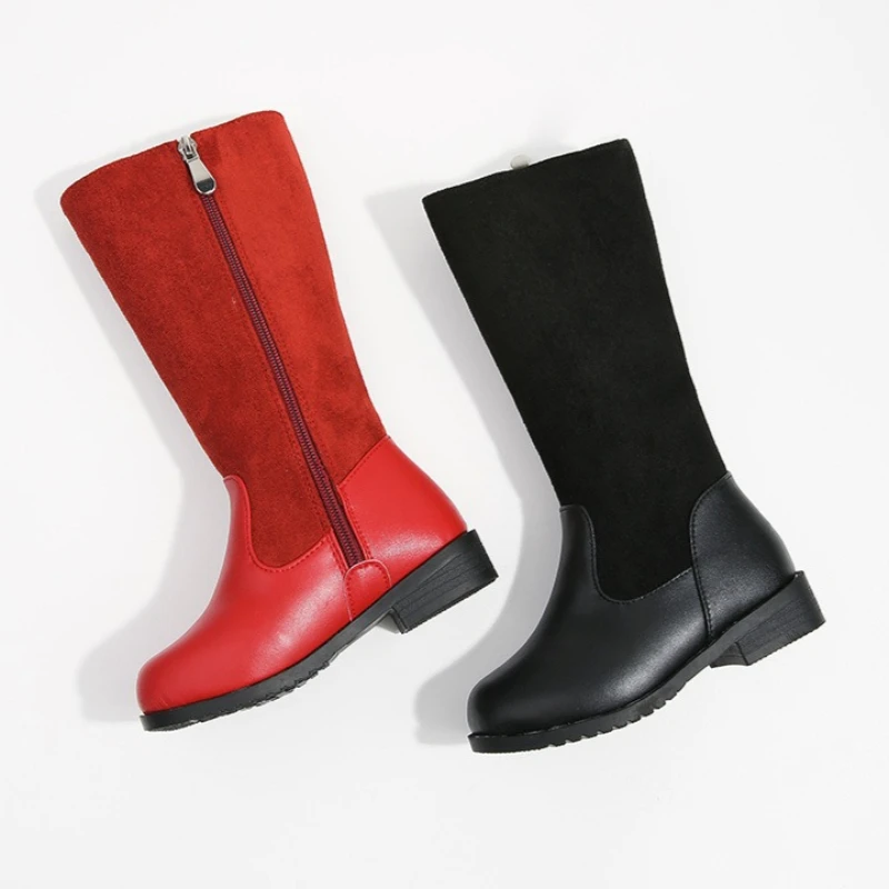 

Girls Warm Plush Boots Winter Fashion Kids Outdoor Long Boots Simple Black Red Children's Furry Riding Boots Solid Color Zipper