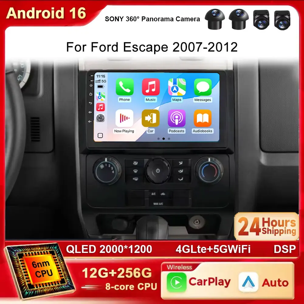 Android 16 Radio For Ford Escape 2007 2008 2009 2010 2011 2012 Navigation GPS Multimedia Video Player Stereo wireless 4G Carplay