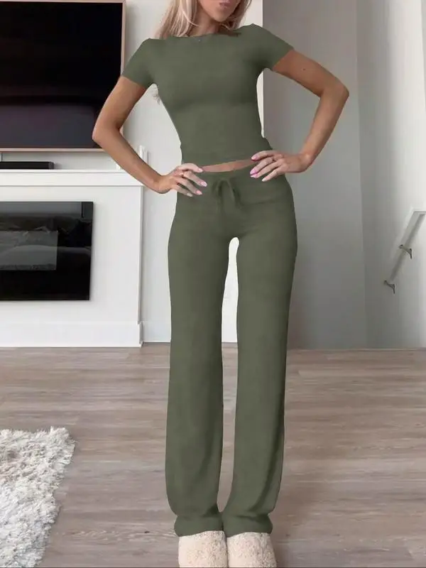 Summer Comfortable Casual Women's Home Sports Set 2025 New Fashionable Solid Color Slim Body Clothes + Trousers Two-piece Set - Image 4