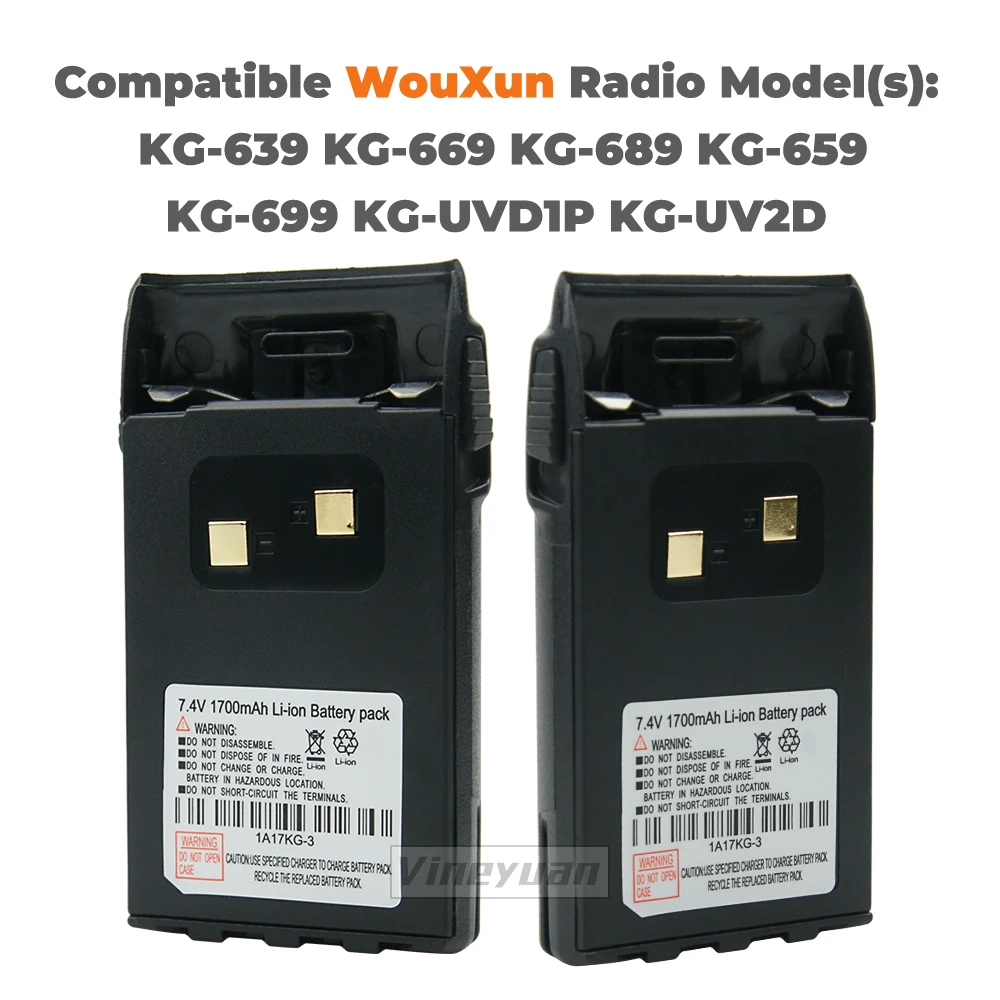 2PCS 7.4V 1700mAh 1A17KG-3 Li-Ion Battery for WouXun KG-UVD1P KG-UV6D KG-659 KG-699 KG-689 Two Way RadioBattery with Belt Clip